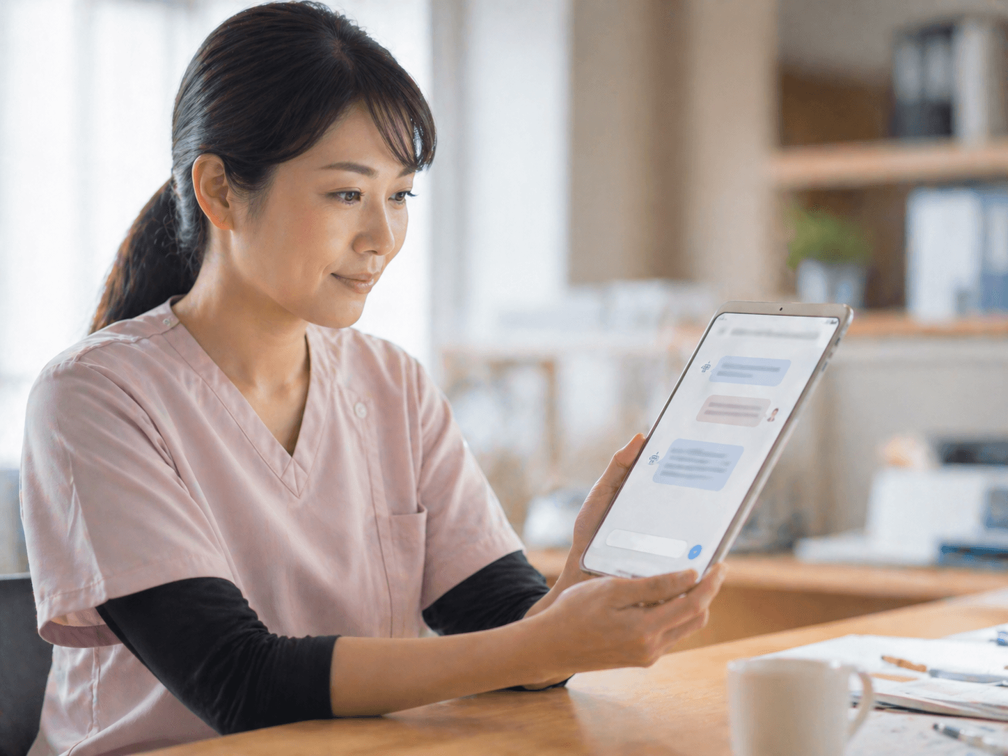 タブレットでClaraと対話する介護スタッフ