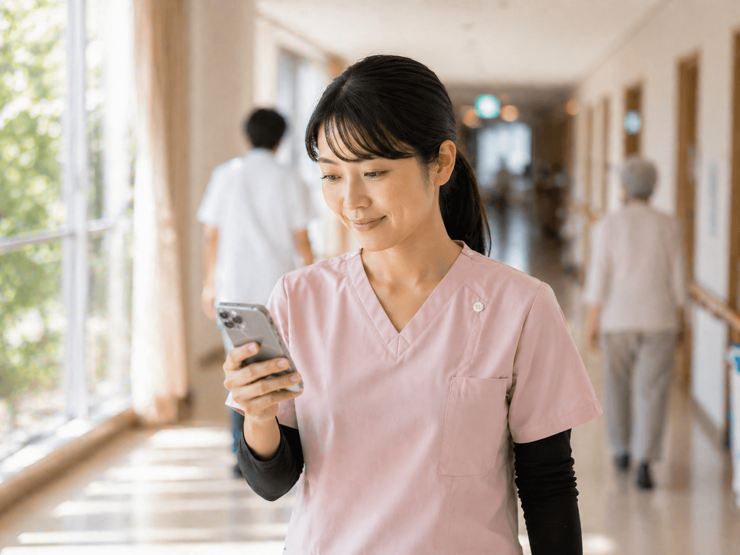 廊下を歩きながらスマホで通知を確認する介護スタッフ