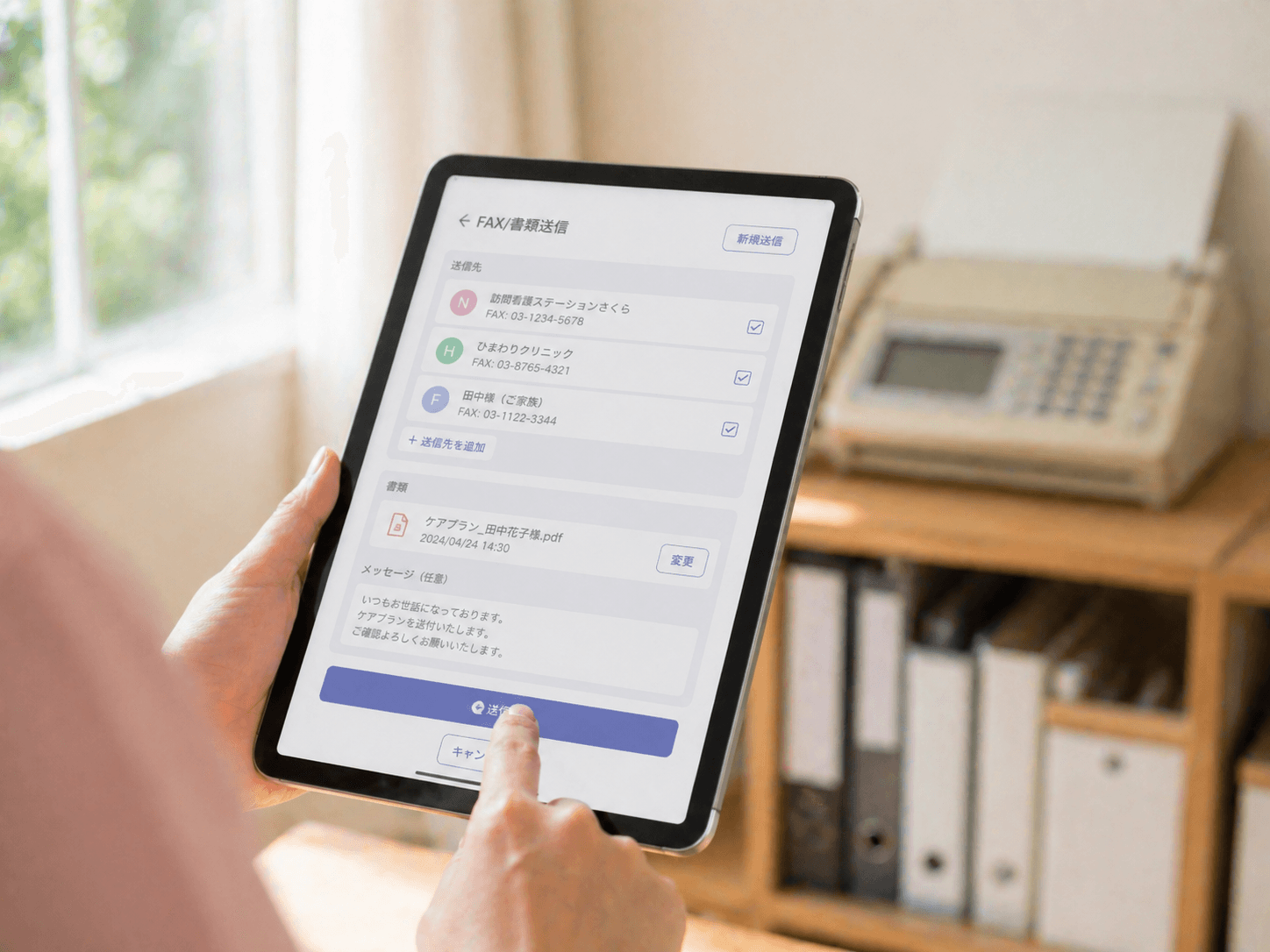 タブレットからFAXを送信する瞬間。背景には使われなくなった古いFAX機