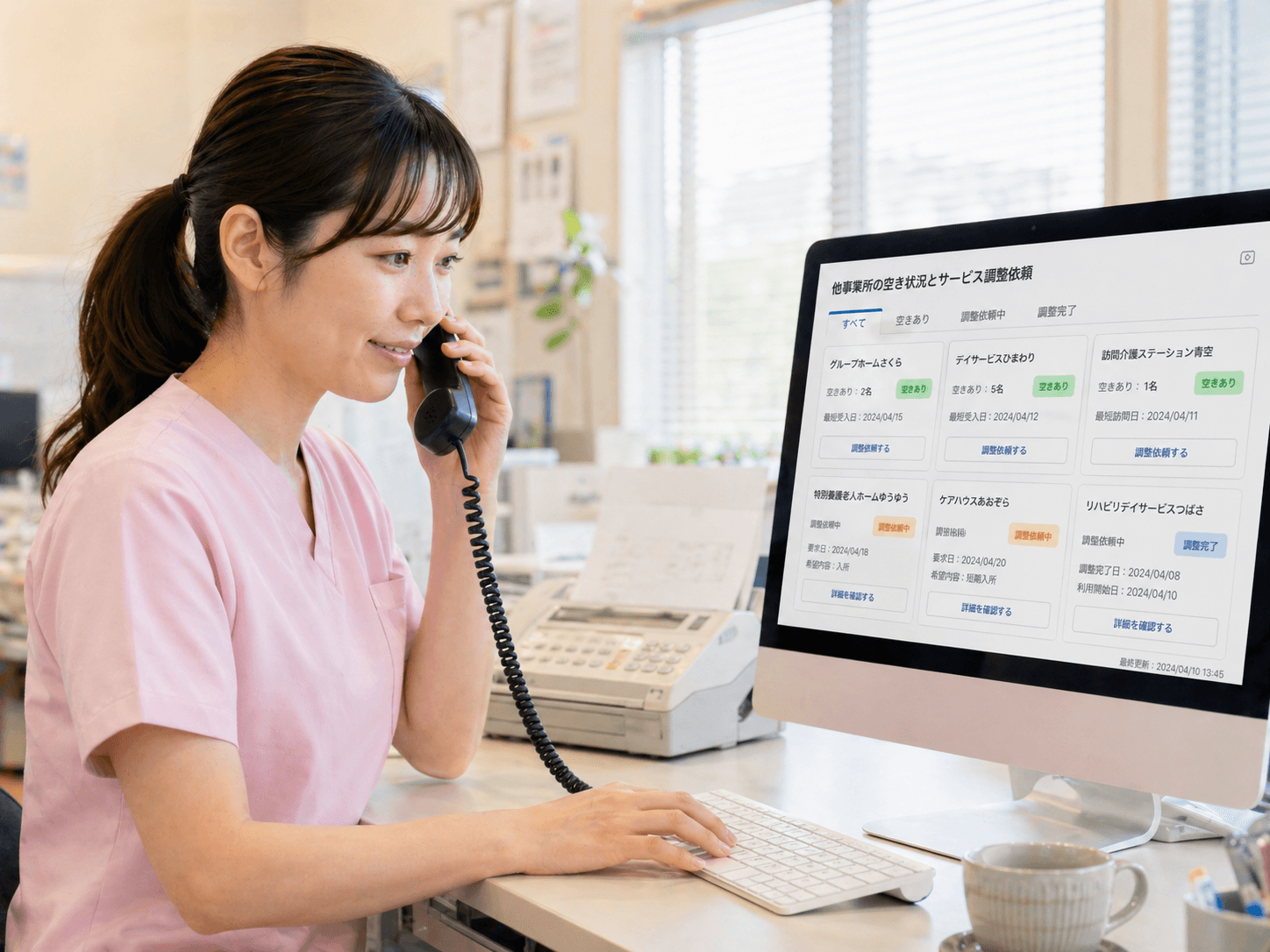 受話器を片手にPCで他事業所の空き状況を確認する介護スタッフ