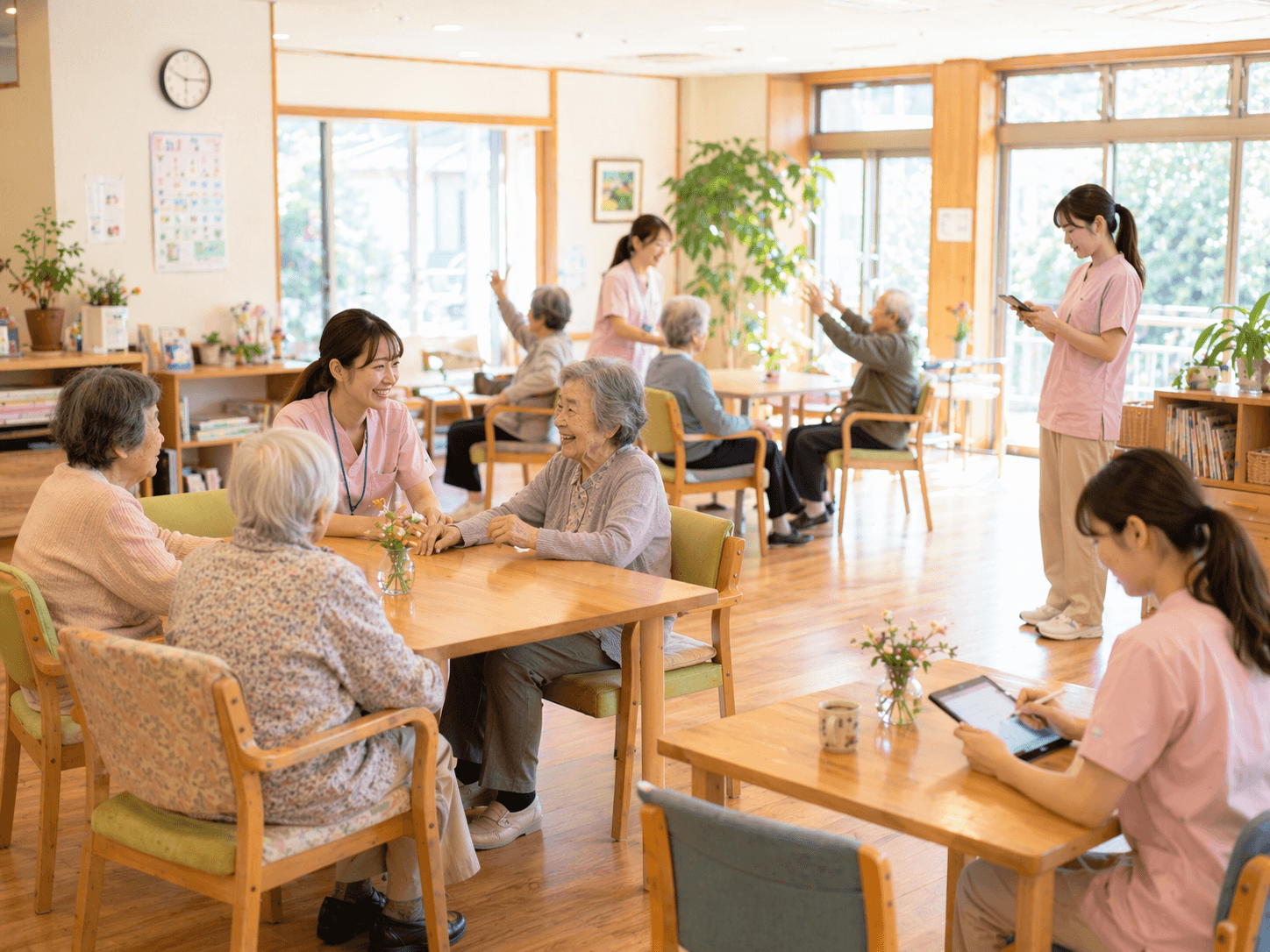 デイサービスのフロアで複数のスタッフが利用者と関わりながら記録する様子