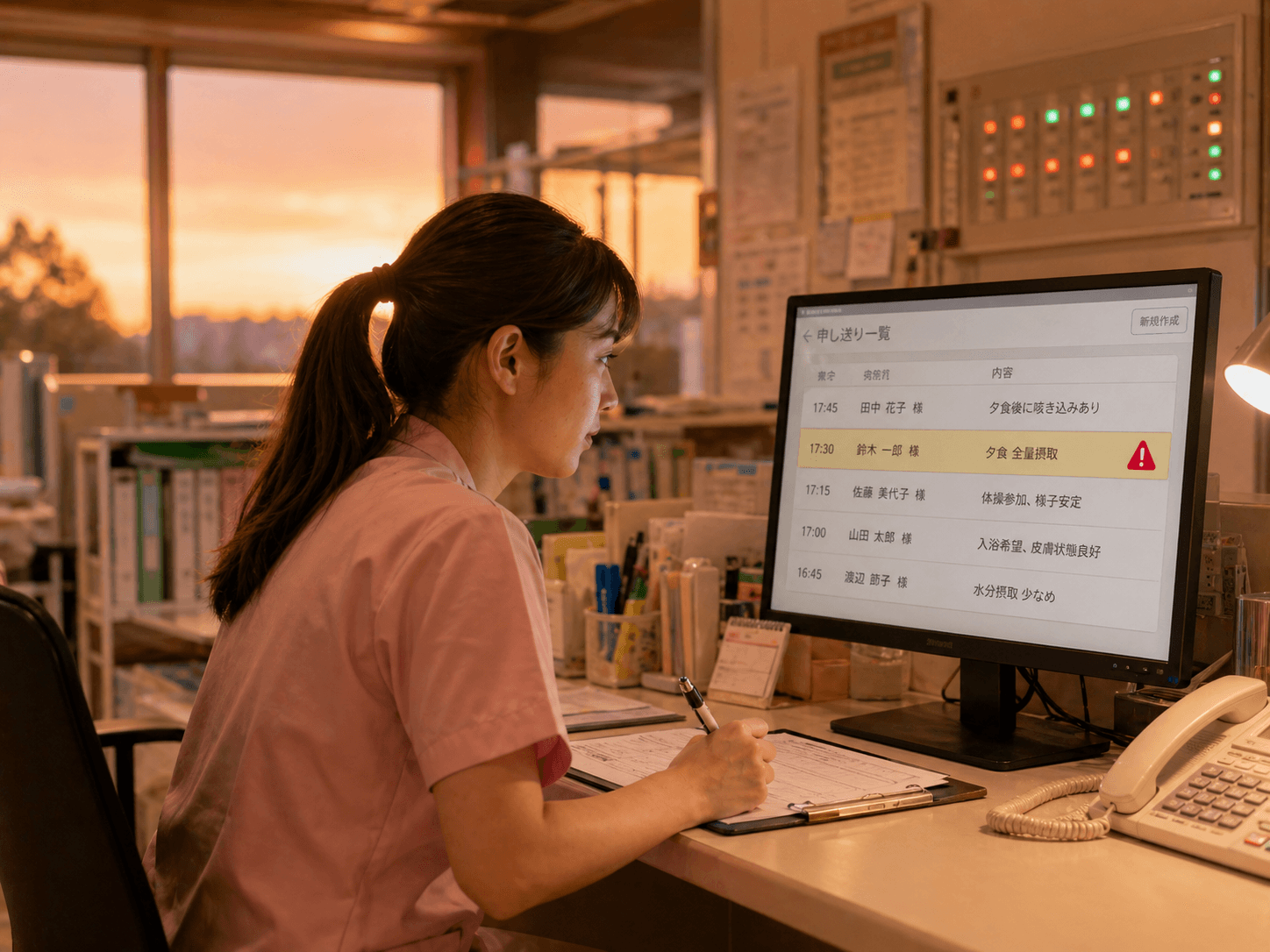 夕方のステーションで画面のアラートを確認する介護スタッフ