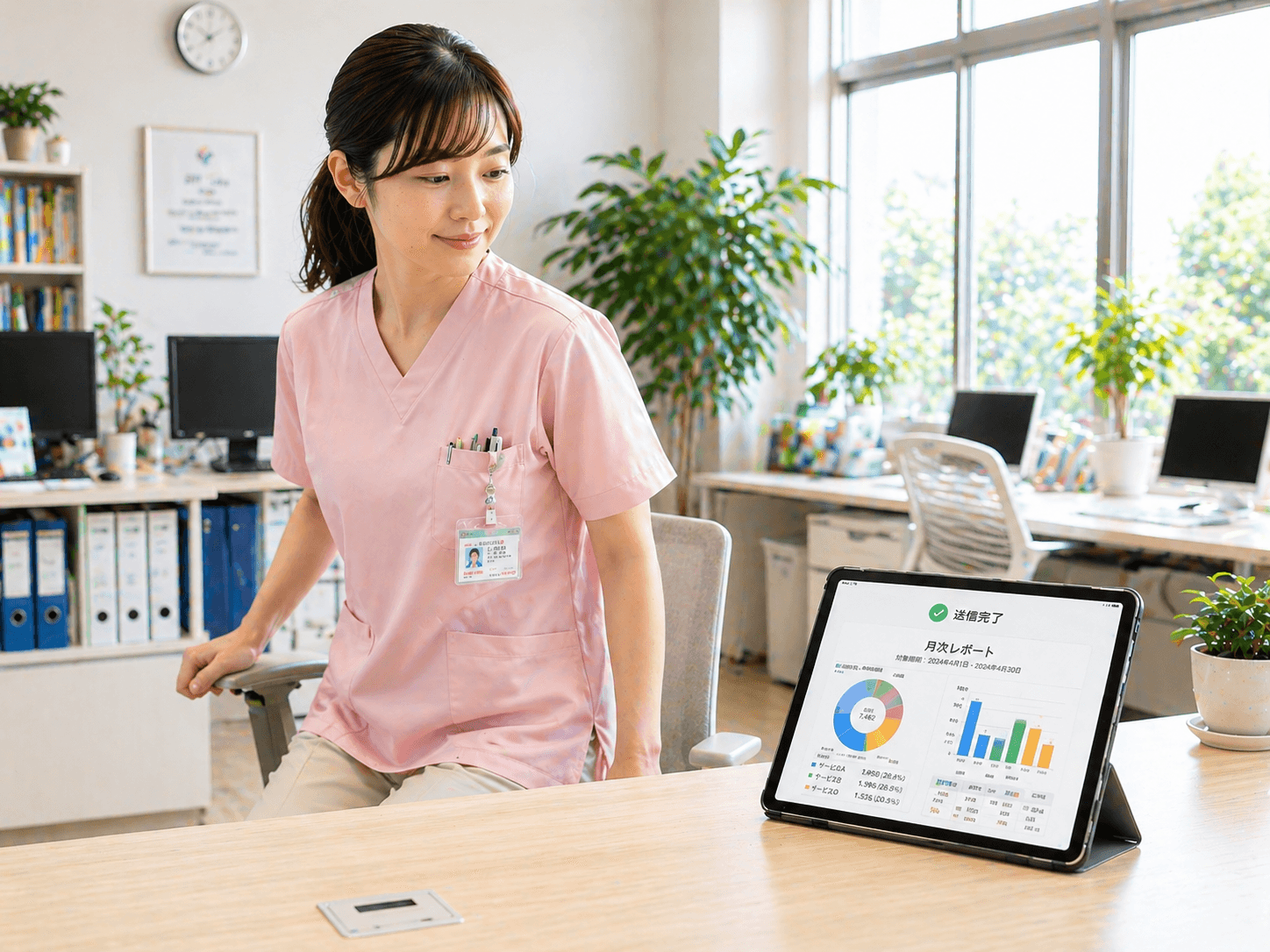 タブレットの月次レポート送信完了画面と、立ち上がるスタッフ