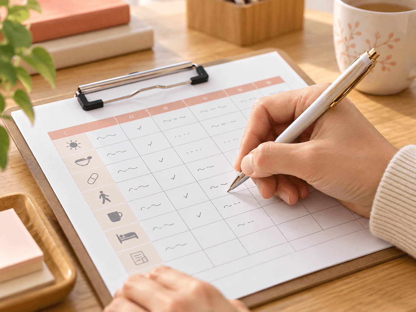 記録用紙にペンで記入する手元