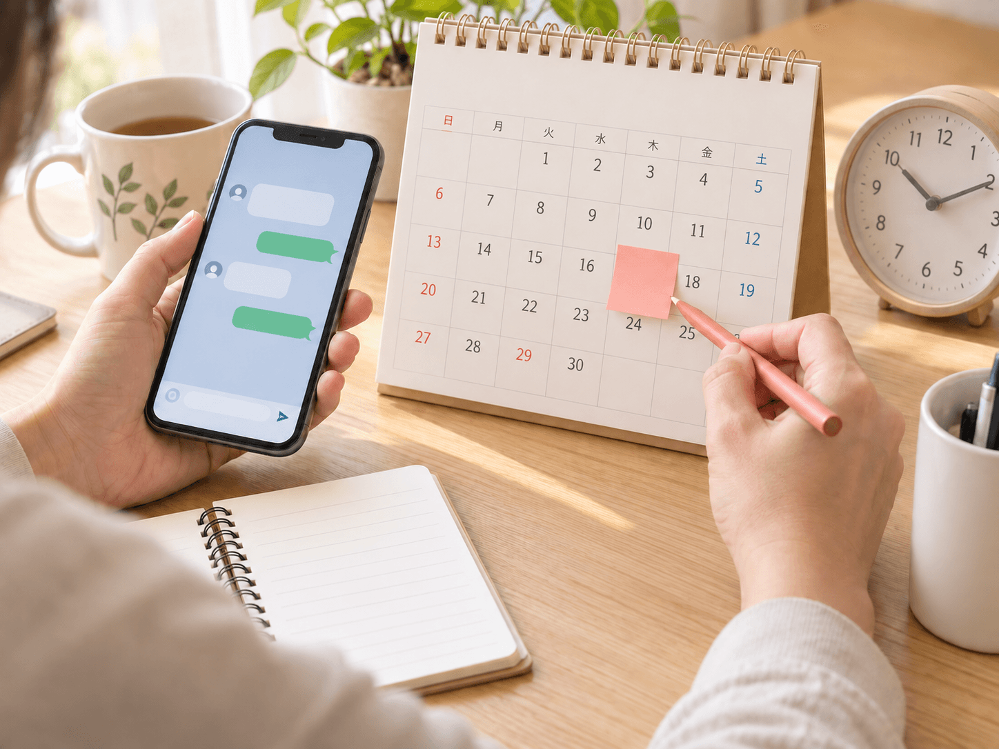 カレンダーで希望日を確認しながらスマートフォンで相談するイメージ