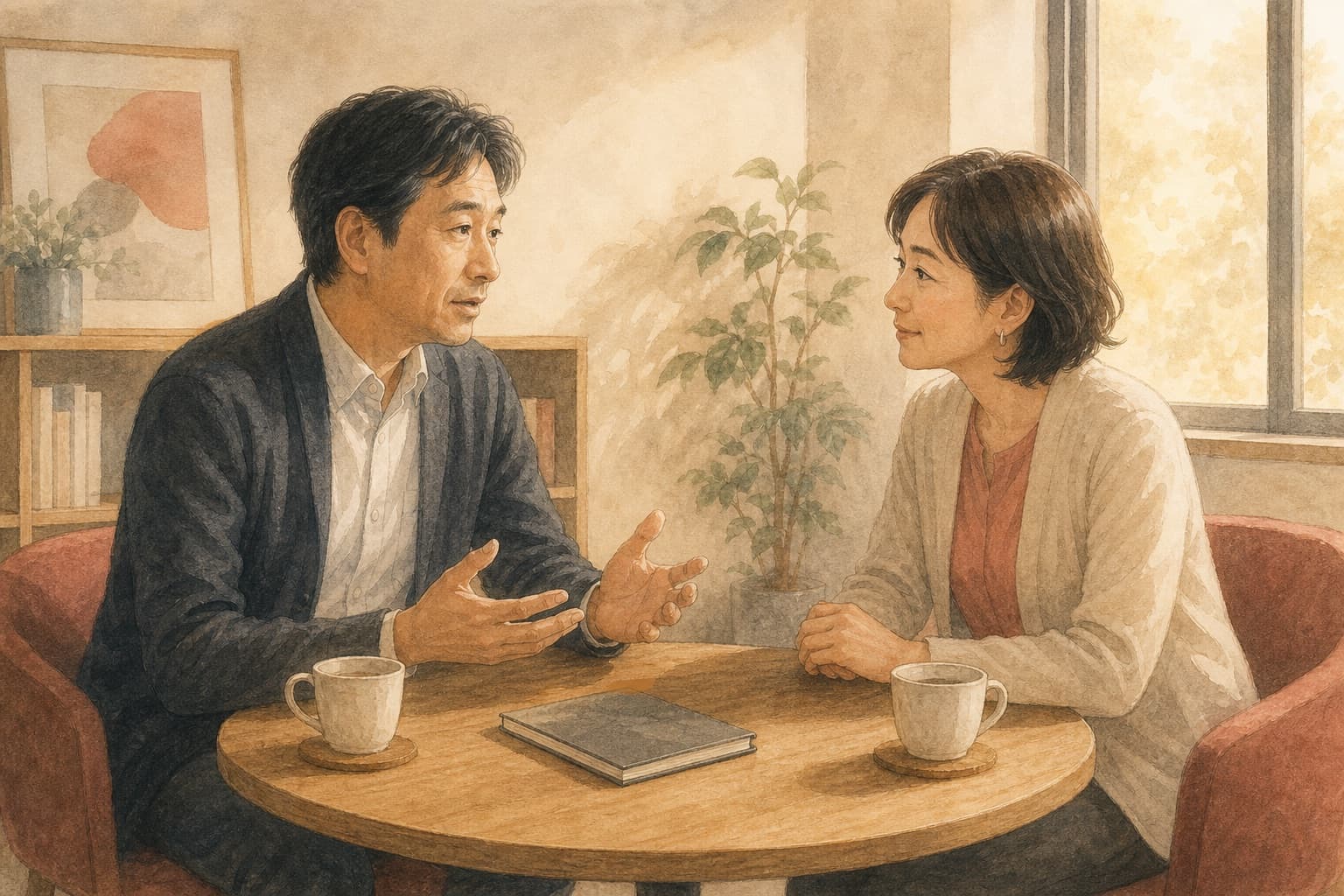 介護事業の経営者が、同じ目線の相手に安心して悩みを話す様子を描いたイラスト