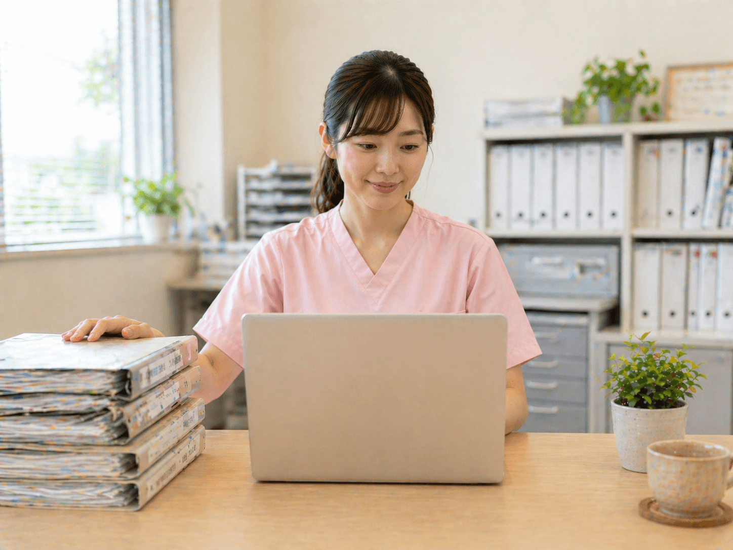 紙のバインダーを脇に、ノートPCのクラウドフォルダに微笑む介護スタッフ