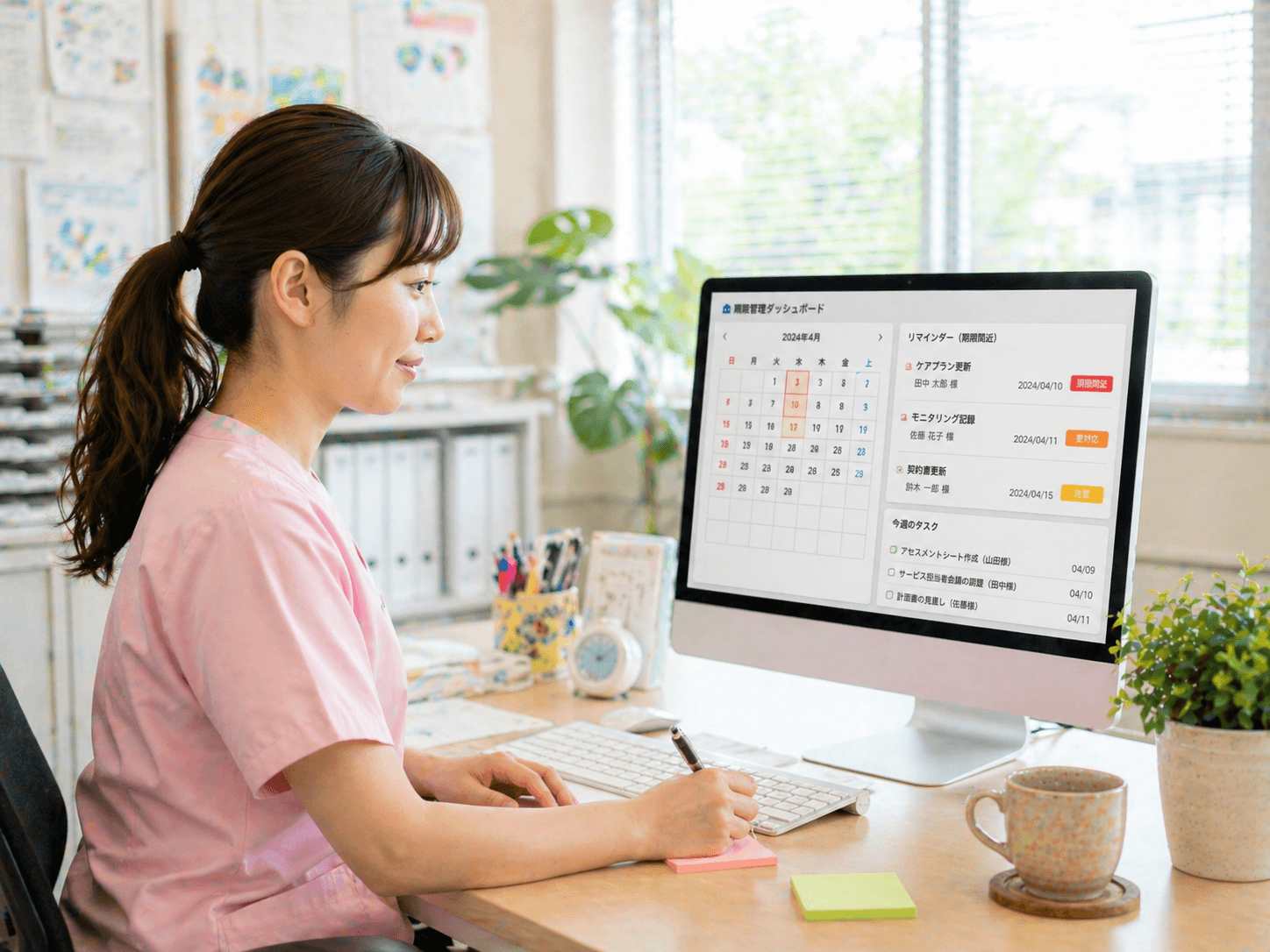 朝のオフィスで期限管理ダッシュボードを確認する介護スタッフ