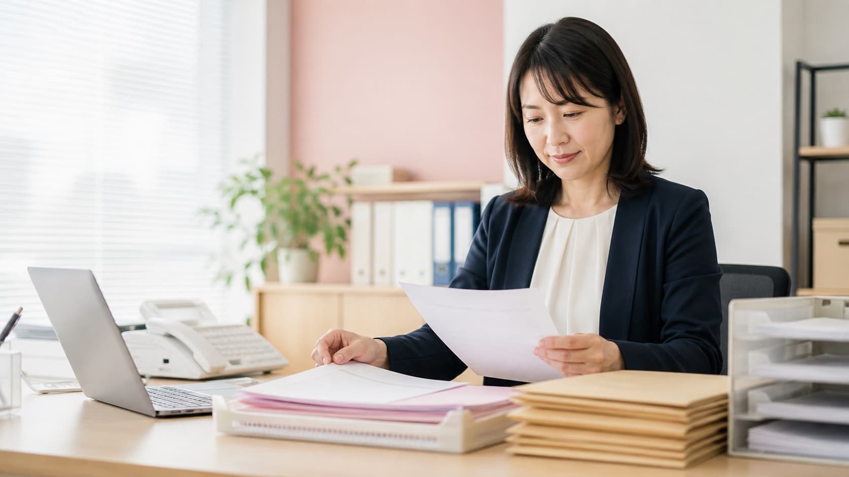 介護事業所から届いた書類を確認し、入力や発送の準備をする専任スタッフ