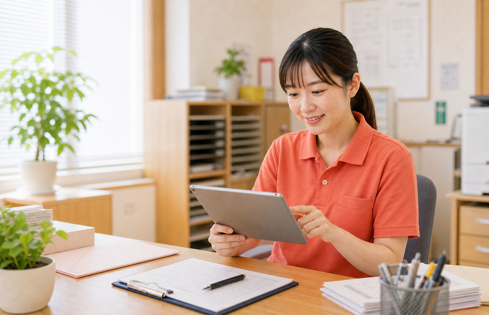 タブレットで確認するスタッフ