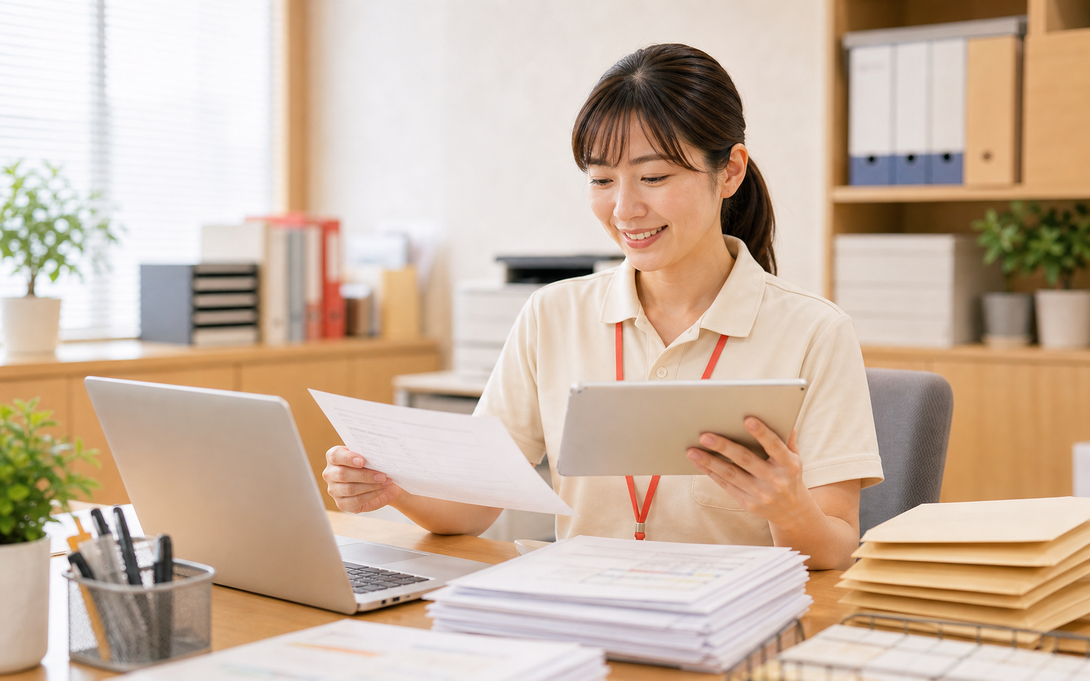 アップロード内容を確認するスタッフ