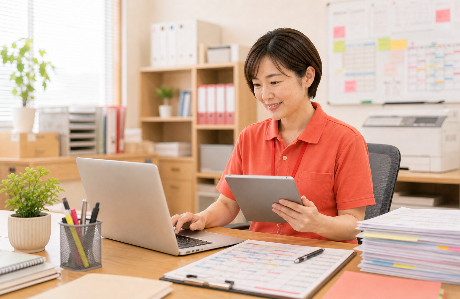 シフト表と勤怠を確認するスタッフ
