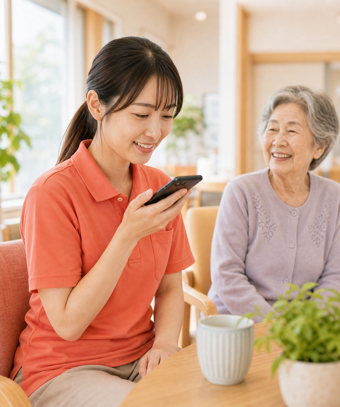 利用者の近くでスマホ記録を残す介護スタッフ