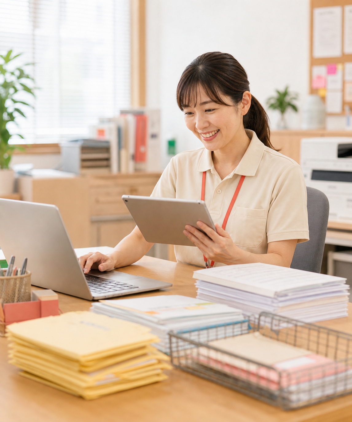 書類と封筒を確認しながら送信作業を進める介護スタッフ