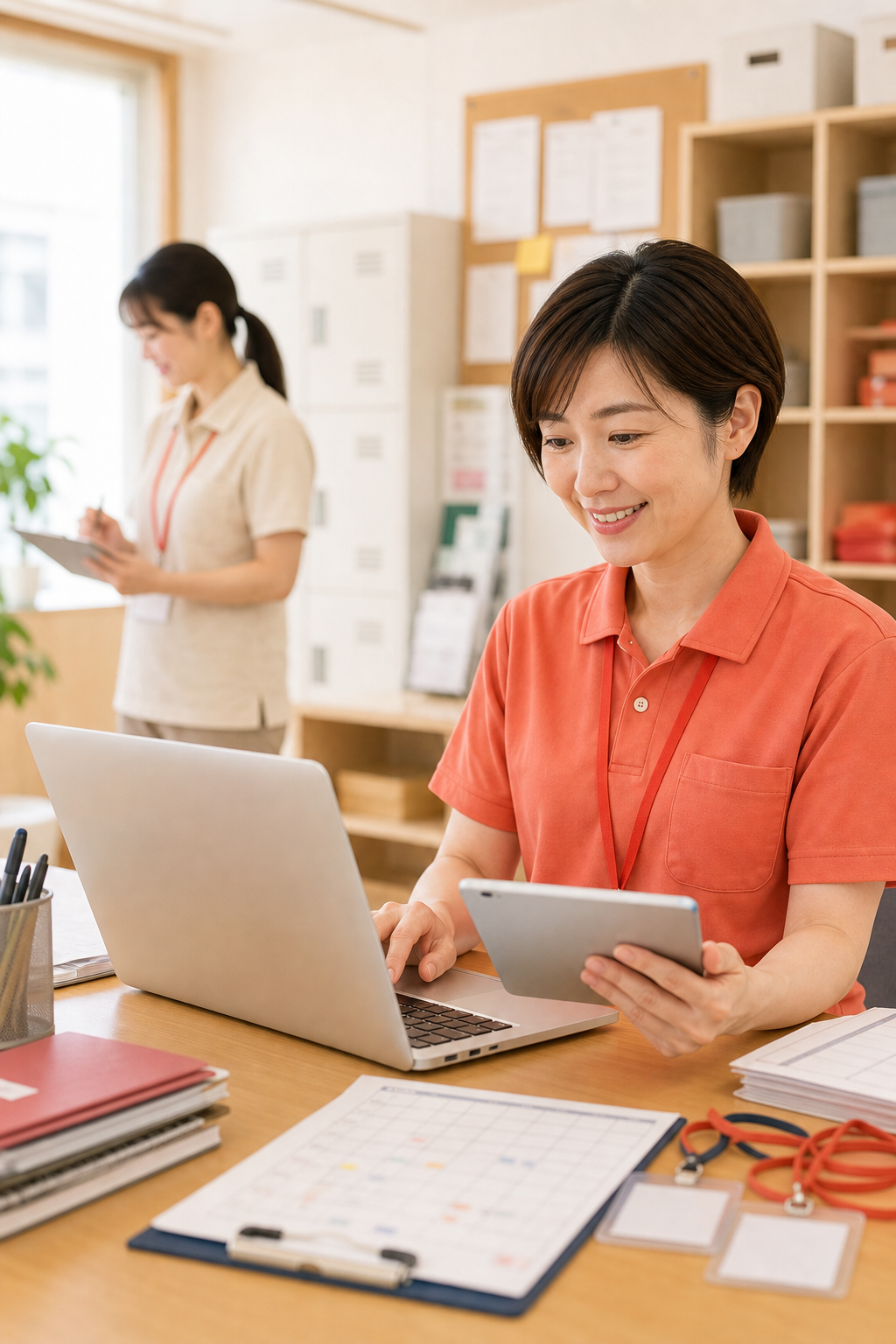 シフト表と勤怠を確認する介護スタッフ