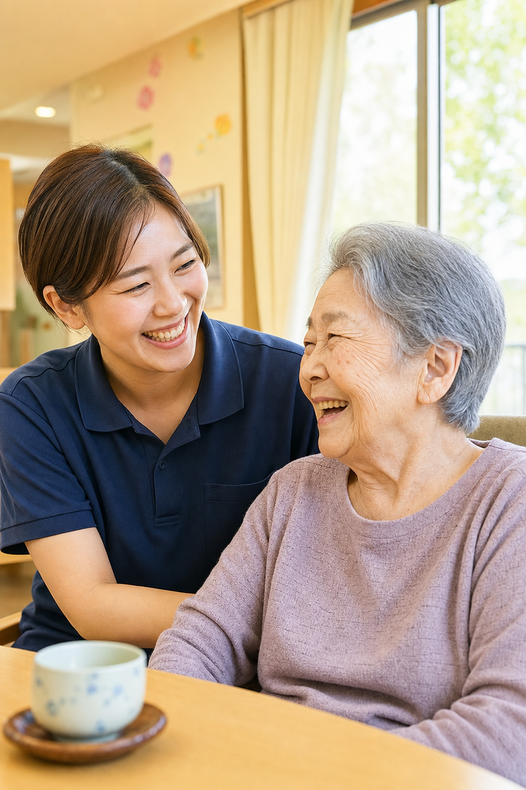 明るく働く介護スタッフと笑顔の利用者